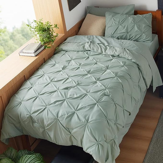 Bedsure Twin XL Comforter Set - Extra Long 5 Pieces Dorm Bedding Sets, GentleSoftโข Pinch Pleat Sage Green Bed in a Bag with Pintuck Comforter, Sheets, Pillowcase & Sham