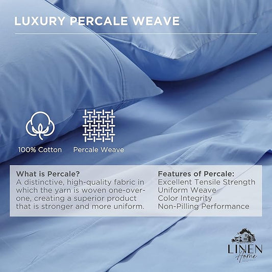 Linen Home 100% Cotton Percale Pillowcases King Size, Baby Blue, 2 Pieces of Pillow Case, Crisp and Cool Strong Bed Linen, 20 inches X 40 inches