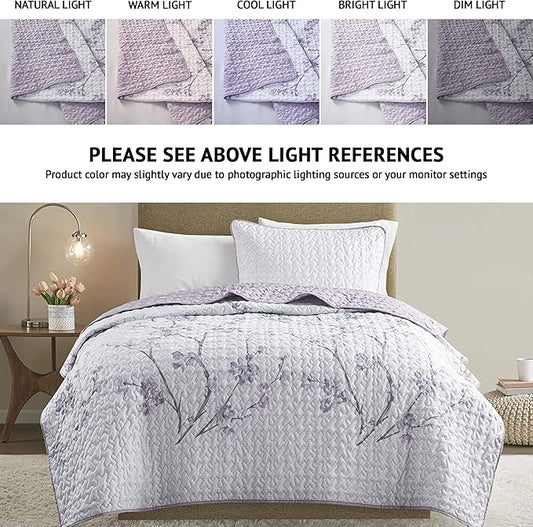 Comfort Spaces Reversible Quilt Set-Vermicelli Stitching Design All Season, Lightweight, Coverlet Bedspread Bedding, Matching Shams, Twin/Twin XL (66 in x 90 in), Kate Floral Purple 2 Piece