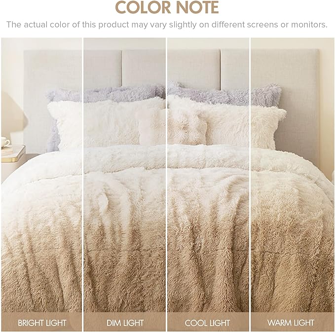 Intelligent Design Long Shaggy Faux Fur Comforter Set, Soft Plush Reverse, Chic Ombre Design Queen Size Comforter Sets, All Season Bedding Set, Matching Sham, Brielle, Full/Queen(90"x90") Natural