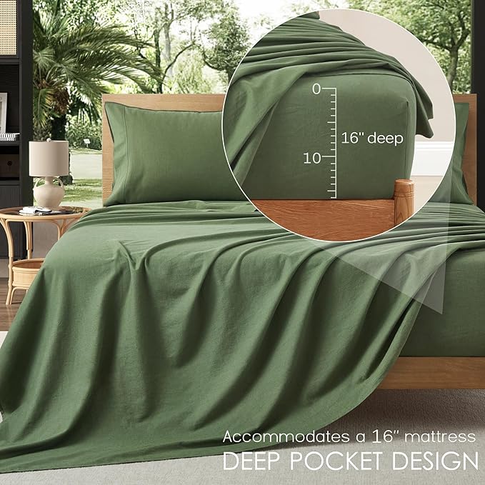4Pcs Organic Linen Sheets California King Size, 100% Linen from Normandy, Breathable Forest Green Cal King Sheet Set with 16 Inch Deep Pocket, 1 Flat Sheet, 1 Fitted Sheet, 2 Pillowcases