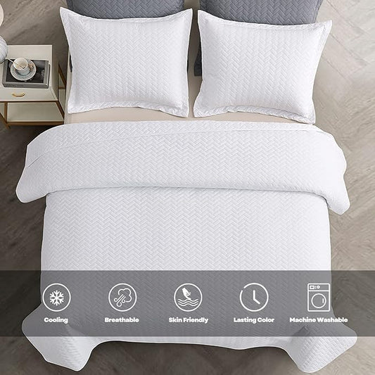 Maple&Stone White Quilt Set King Size, Lightweight Bedspread Ultrasonic Chevron Pattern Light Coverlet for All Season Comforter Bedding Decor - 3 Piece King Bed Cover Sets