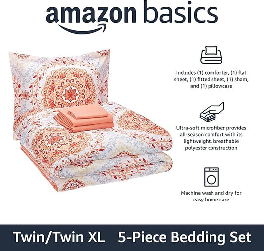 Amazon Basics Twin/Twin XL Lightweight Microfiber Comforter Bedding Set with Printed Sheets, 5-Piece Bed-in-a-Bag, Coral Medallion