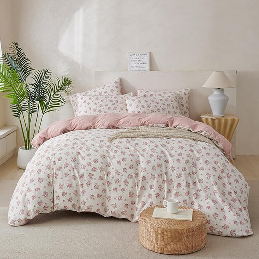 Flower King Comforter Set Soft 3 Pieces Chic Crinkle Gauze Fabric Garden Style Floral Print Botanical Comforter for All Seasons Luxury Warmth Comfy Breathable with 2 Pillowcases