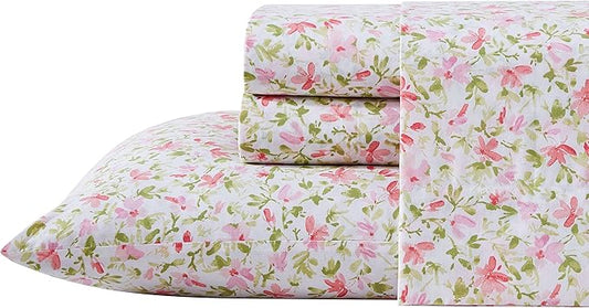 Laura Ashley - Queen Sheets, Cotton Percale Bedding Set, Lightweight & Breathable Home Decor (Norella Pink, Queen)