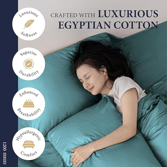 Ashton Sheets 100% Egyptian Cotton Sheets Queen Size - 1200 Thread Count Queen Size Sheets Set Egyptian Cotton, 4 PC Luxury Bedsheet (Teal), Soft, Cooling, 17" Deep Pocket Sateen Bedsheet Set