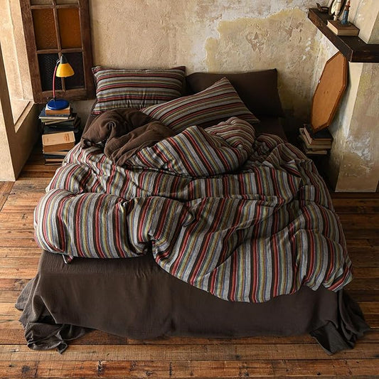 EAVD Retro Striped Duvet Cover Set Twin Soft 100% Cotton Muslin Bohemian Colorful Vertical Striped Bedding Set with 2 Pillowcases Rustic Farmhouse Style Geometric Pattern Duvet Cover with Zipper
