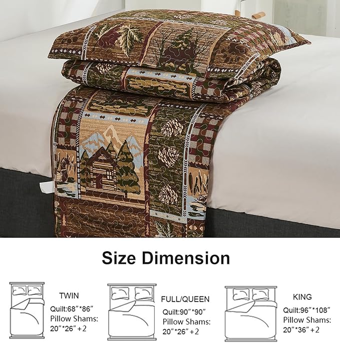 Moose Bear Quilt Set Full/Queen Size Rustic Cabin Bedding Set Reversible Quilts Home Lodge Bedspread Coverlet Wildlife Bears Pine Tree Bedding Woodland Plaid Patchwork Quilted Bed Spread Country Decor