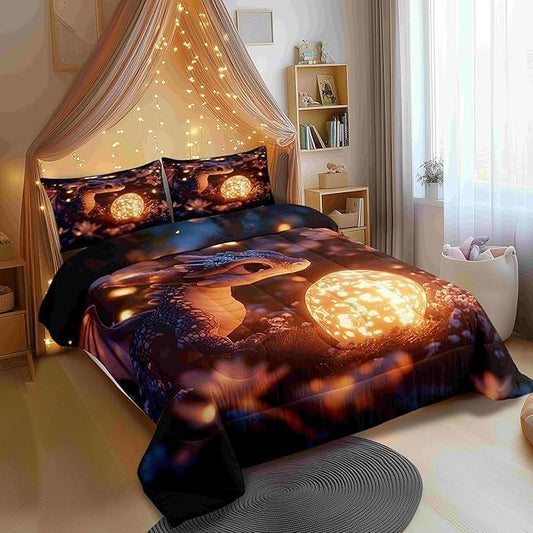 Cartoon Dragon Bedding Set for Boys Girls,Cute Dragon Egg All Season Cozy Comforter Set Full Size,Mysterious Wild Animals Duvet Set Bedroom Decor,Personalized Birthday Gifts