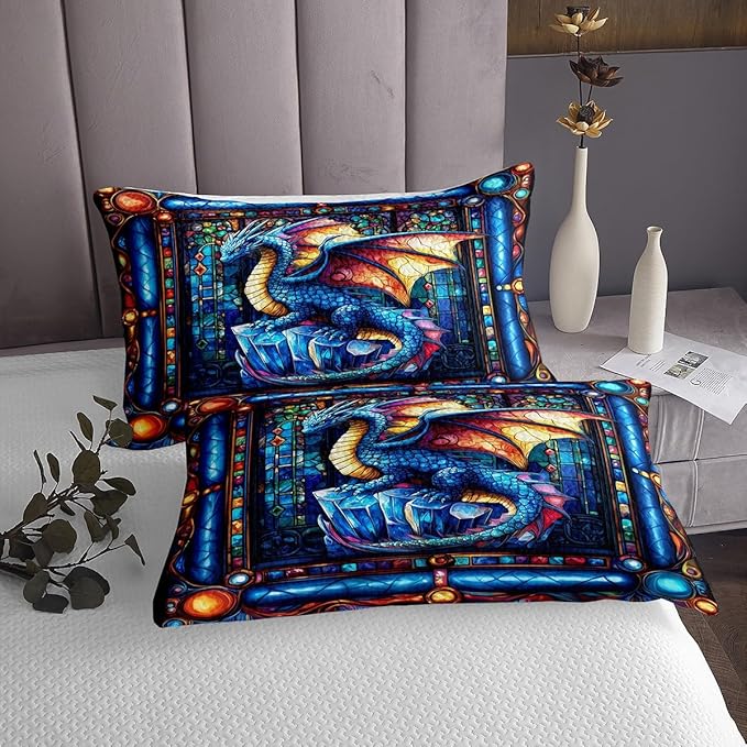Western Dragon Men Bedspread Queen Size,Blue Flying Glass Dragon Wing Trippy Coverlet Set,Boys Girls Room Decor,Geometric Patchwork Abstract Quilted Coverlet,Gothic Chic Bedding Quilt,2 Pillowcases