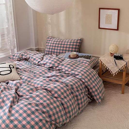 mixinni Plaid Comforter Set Full - 3 Piece Soft Geometric Checkered Comforter with 2 Pillow Shams, Modern Gingham Pattern Bedding Set for All Season, Breathable & Soft Cozy (Pink, Purple, Blue)