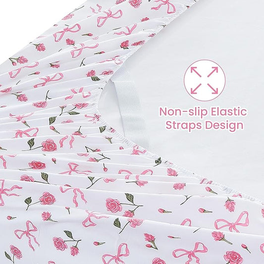 Softan Pink Floral Queen Bed Sheets, Cozy Microfiber Flower Printed Sheets with 15" Deep Pocket Fitted Sheet & Non-Slip Straps, Patterned Pink Rose - Bow Sheets & Pillowcase Set