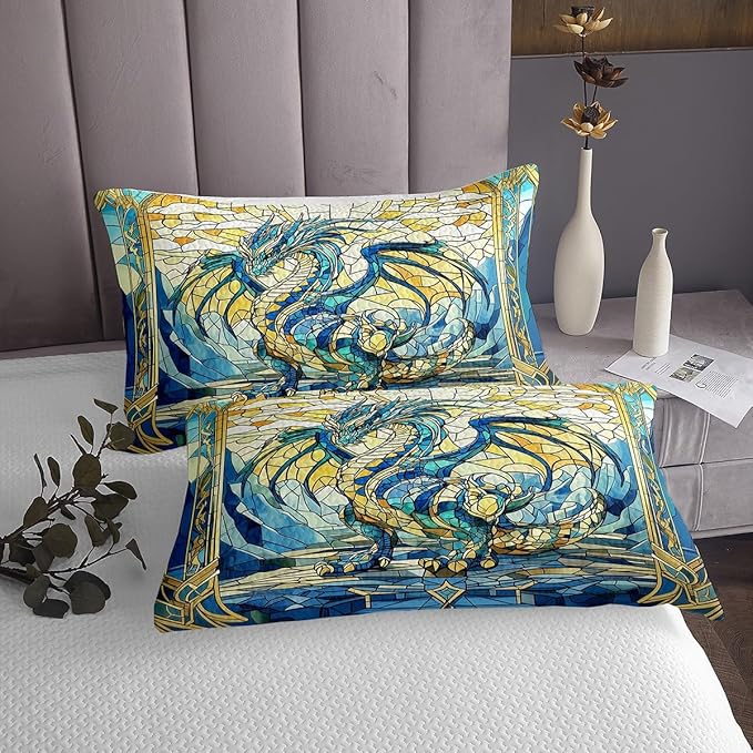 Manfei Western Dragon Kids Bedspread Twin Size,Glass Dragon Flying Wing Trippy Coverlet Set,Boys Girls Room Decor,Geometric Patchwork Abstract Quilted Coverlet,Blue Unique Bedding Quilt,1 Pillowcase