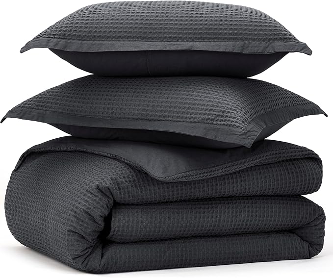 Bedsure Cotton Duvet Cover Full - 100% Cotton Waffle Weave Charcoal Duvet Cover Set, GentleSoft™ and Breathable Bedding Set for All Season, 3 Pieces, 80"x90"