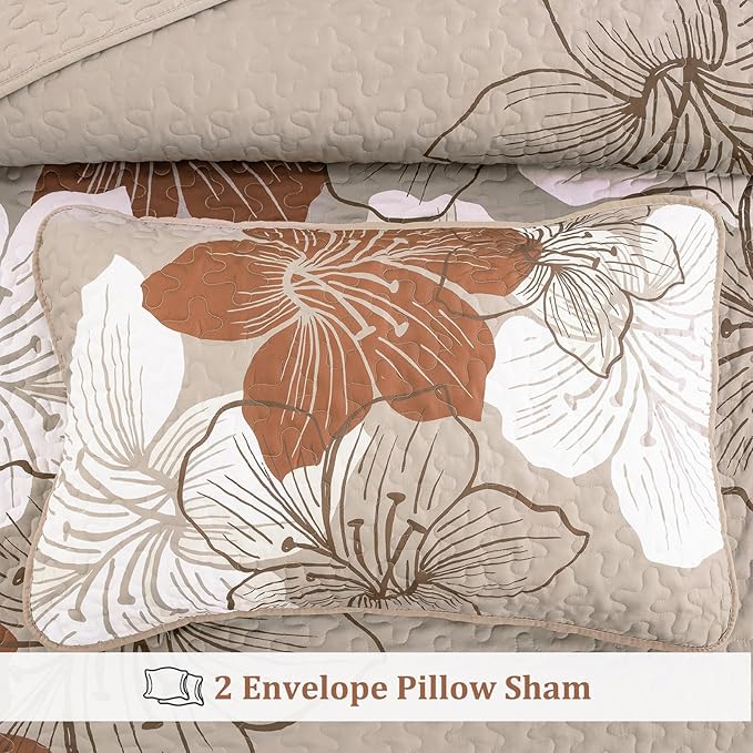 DJY 3-Piece Quilt Set - California King Taupe Boho Floral Pattern Quilt Coverlet Set with 2 Pillow Shams - Lightweight Bedding for Adults (Taupe, 106"x96")