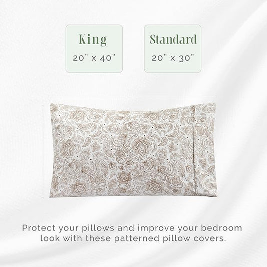 Elegant Comfort Ultra Soft Set of 2 Floral Print Pillowcases - 1500 Premium Hotel Quality Microfiber, Soft and Smooth Envelope Closure 2-Piece Pillow Covers - King, Paisley Taupe