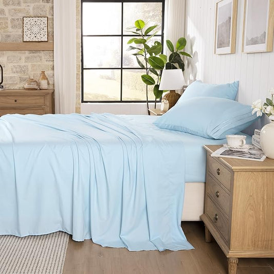 ROSE&RISY King Size Sheet Set, Pre-Washed Microfiber Cotton-Like 4 Pcs Ultra Soft Bedding Set King, Breathable Cooling Skin-Friendly All Seasons, 1 Fitted, 1 Flat, 2 Pillowcases (Baby Blue, King)