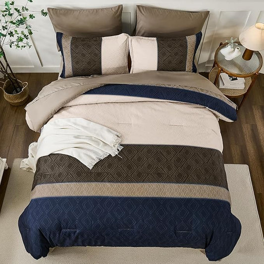 Dinjoy Navy Brown King Size Comforter Set,Striped Boho Bed in a Bag King 7 Pieces Soft Fall Bedding Comforters Sets wiht Sheets Microfiber Complete Bed Sets for All Season