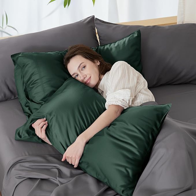 Bedsure Pillow Cases Queen, Cooling Pillow Cases, Rayon Derived from Bamboo Forest Green Pillowcases Queen Size Set of 2, PureWoven Soft Bedding Pillow Covers with Envelope Closure, 20x30 Inches