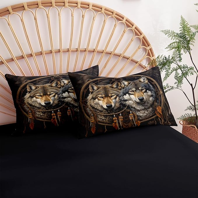 Black Brown Wolf Queen Size Comforter Set, Farmhouse Wildlife Animal Bedding Set for Boys Teens Adult Women, 3 Pcs Rustic Dreamcatcher Quilted Comforter with 2 Pillowcases/90 x90