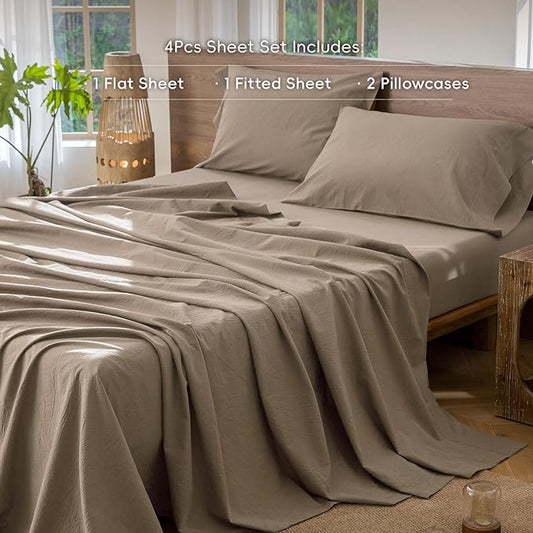MooMee Bedding Sheet Set 100% Washed Cotton Linen Like Textured Breathable Durable Soft Comfy (Solid Mocha Brown, Full)