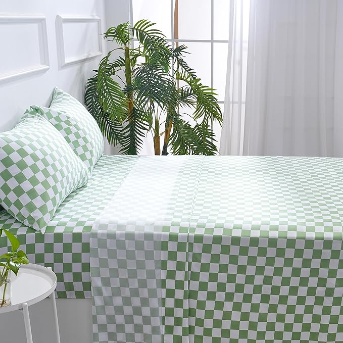 Best Season Bed Sheet Set 4 Piece -Full Size-Soft Durable Microfiber Bedding Sheet Set,Deep Pocket,Stain,Fade & Wrinkle Resistant Green and White Checkerboard Grid(Plaid Green&White)