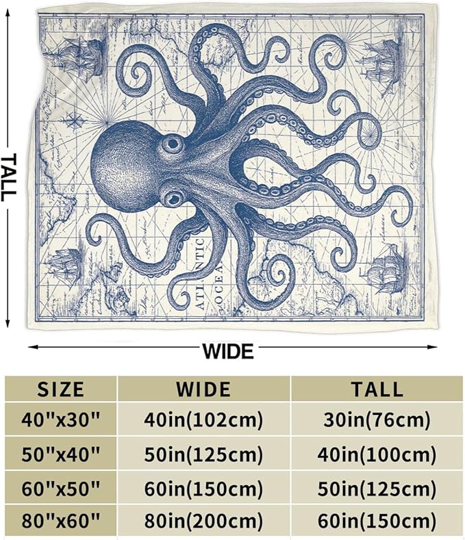 Nautical Octopus Blanket Super Soft Warm Fluffy Fleece Flannel Sea Animal Throw Blanket Cozy Fuzzy Plush Stuff Bedding Sealife Blankets Gifts for Women Kids Boys Girls Adults 50"X40"