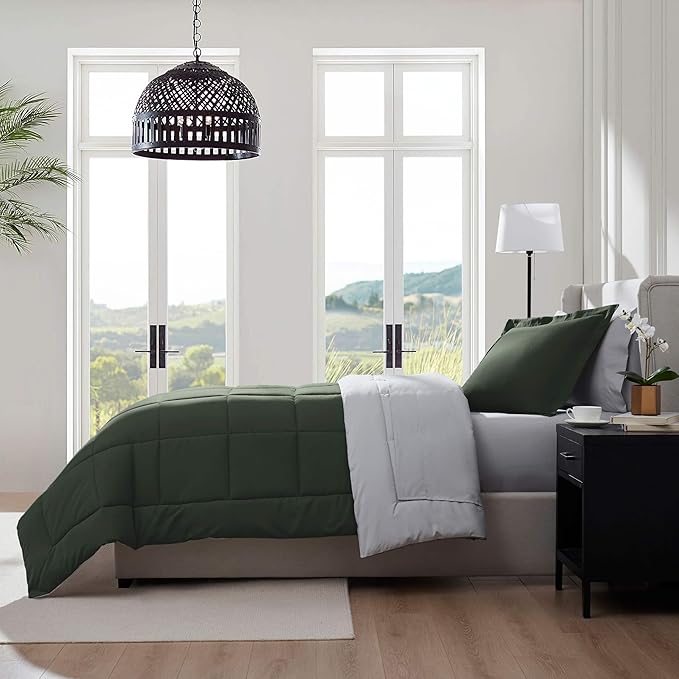 Nestl 5 Piece Twin Comforter Set – Olive Green Reversible Bed in a Bag – Complete Twin Size Bedding Set with Sheets, Pillowcase and Sham