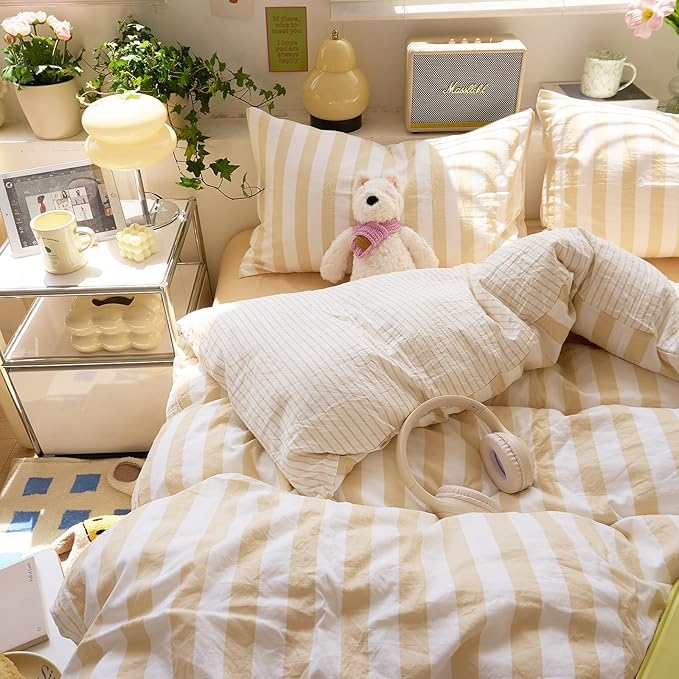 EAVD Beige Striped Duvet Cover King Soft Washed Microfiber Striped Reversible Bedding Set with 2 Pillowcases Modern Farmhouse Geometric Pattern Duvet Cover with Zipper Closure