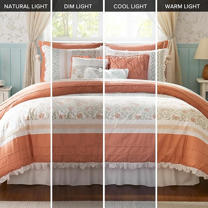 Madison Park Dawn 100% Cotton Shabby Chic Comforter Set-Modern Cottage Design All Season Down Alternative Bedding, Matching Shams, Bedskirt, Decorative Pillows, Queen(90"x90"), Coral 9 Piece