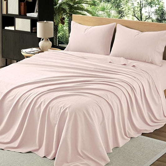4Pcs Organic Linen Sheets King Size, 100% French Linen from Normandy, Breathable Pink King Sheet Set with 16 Inch Deep Pocket, 1 Flat Sheet, 1 Fitted Sheet, 2 Pillowcases