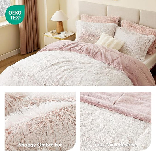 Intelligent Design Queen Comforter Set Fur-Like Shaggy Comforters for Queen Size Bed Warm, Fuzzy Bedding, All Season Luxurious Comforters Queen Size Bed Set, Malea, Full/Queen, Pink/White 3 Piece