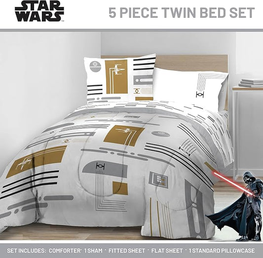 Jay Franco Comforter Set Includes Sheets and Pillow Covers - Soft and Cozy Bed Set for Stylish Room Decor, White - Star Wars, 5 Piece Twin Bedding