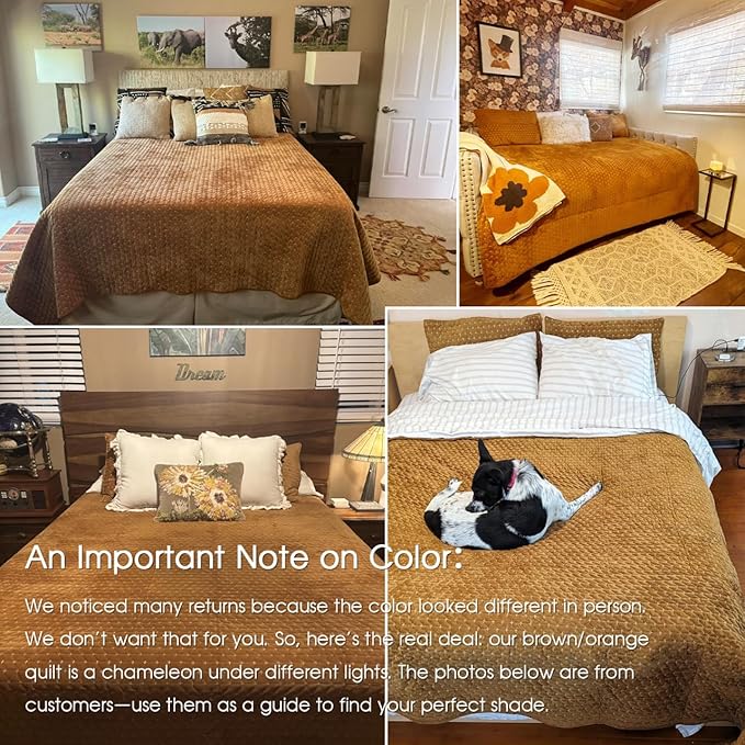 Powdion Velvet Quilt King Size,Bedspread Quilted Bedding Set,Luxurious Soft Coverlet Set Lightweight Velvet Comforter with Pillow Shams Brown, 96x106 Cross Stitch Striped Quilt Set