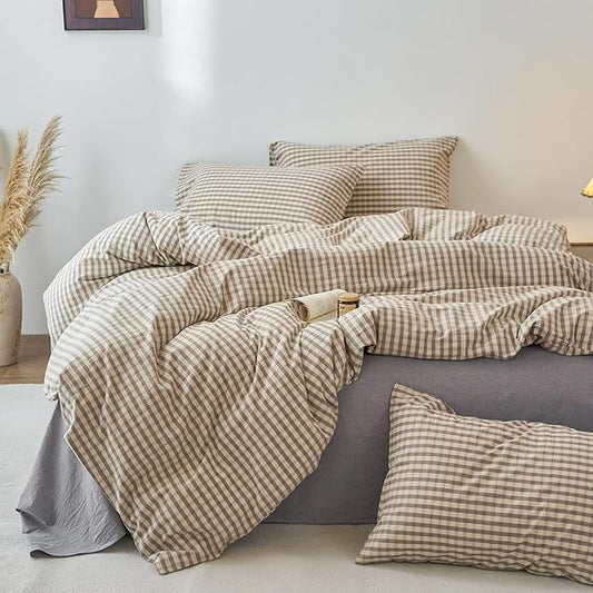 LifeTB Grey Gingham Duvet Cover Full Size 3 Pieces Grey Beige Grid Duvet Cover 100% Washed Cotton Plaid Checkered Comforter Cover Luxury Soft Breathable Farmhouse Gingham Bedding Set Full