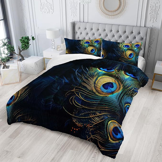 Peacock Feather Queen Bedding Set - Boho Comforter for Girls, Bohemian Gothic Decor, Western Hippie Animal Print Black