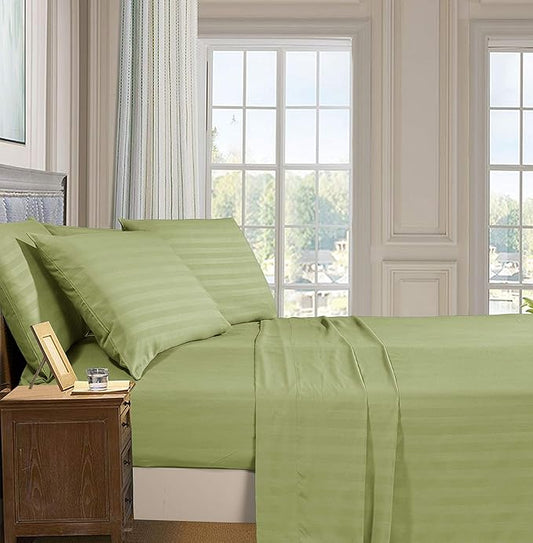 Elegant Comfort Softest and Coziest 4-Piece Sheet Set - 1500 Premium Hotel Quality Microfiber - Luxurious Wrinkle Resistant 4-Piece Damask Stripe Bed Sheet Set, Twin XL, Sage/Green