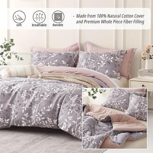 Vintage Gray Cotton Comforter King Size 3Pcs - Luxurious Design with White & Charcoal Branches Pattern, Elegant Dusty Pink Reversible Lightweight Bedding Sets with Soft Fill(104"×90")