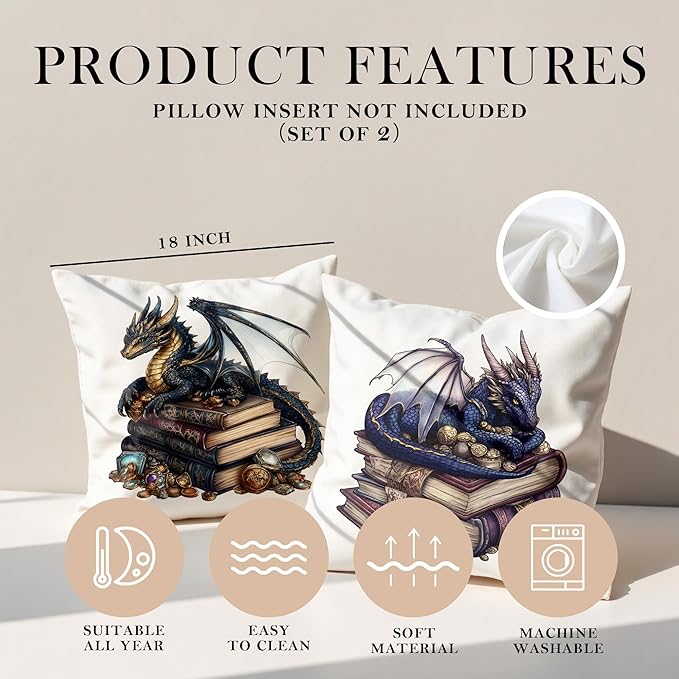Vintage Magical Blue Dragon Reading Book Decorative Throw Pillow Covers 18x18 Set of 2, Fantasy Room Decor for Kids, Gamers, and Bookworms,Reading Nook Decor, Gifts for Bookworm Readers