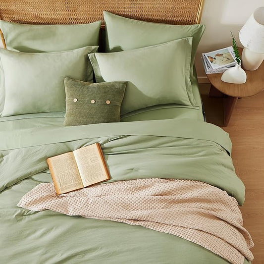 WRENSONGE King Size Comforter Set- 7 Pieces Soft Sage Green Bed in a Bag King with Fitted Sheet, Flat Sheet, 2 Pillow Shams, and 2 Pillowcases- Warm Bed Set for All Season