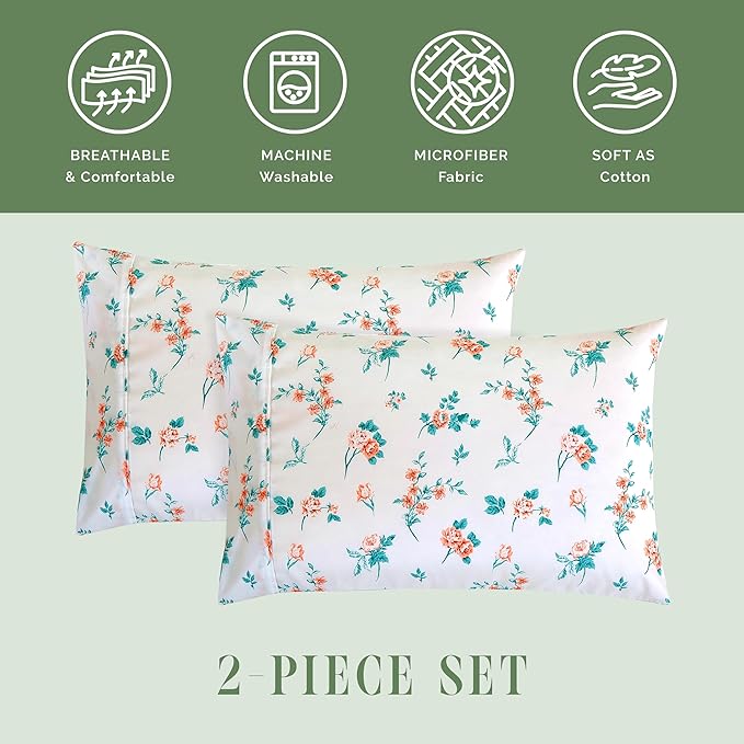 Elegant Comfort Ultra Soft Set of 2 Floral Print Pillowcases - 1500 Premium Hotel Quality Microfiber, Soft and Smooth Envelope Closure 2-Piece Pillow Covers - King, Pink Celia