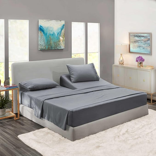Clara Clark Flex Top King Sheets - Hotel Luxury 6 Piece Bed Sheets for Top Split King Bed - Soft Bedding Sheets & Pillowcases, Head Split King Size. Medium Grey