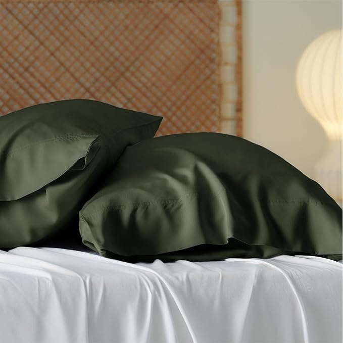 Bedsure Pillow Cases Queen, Cooling Pillow Cases, Rayon Derived from Bamboo Olive Green Pillowcases Queen Size Set of 2, PureWoven Silky Soft Bedding Pillow Covers with Envelope Closure, 20x30 Inches