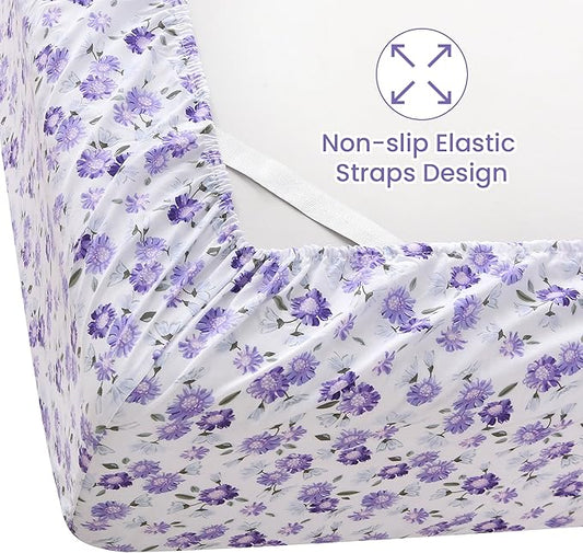 Softan Puple Floral King Sheet Set, 4-Piece Microfiber Printed Fitted Sheet with 15" Deep Pockets & Non-Slip Straps, White Flower Patterned Bedding Sheets & Pillowcase Set