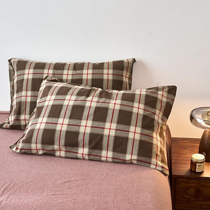 EAVD Vintage Brown Buffalo Plaid Comforter Set King Soft 100% Washed Cotton Brown&Red&Green Grid Checkered Bedding Set with 2 Pillowcases Retro Gingham Comforter Set for All-Season
