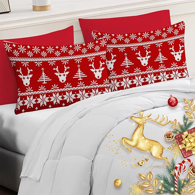 YIYEA Christmas King Size Pillow Cases Set of 4, Ultra Soft Double Brushed Microfiber Red Pillowcases and Christmas Reindeer Pillow Covers, Envelope Closure, Fade Resistant (20"x36")