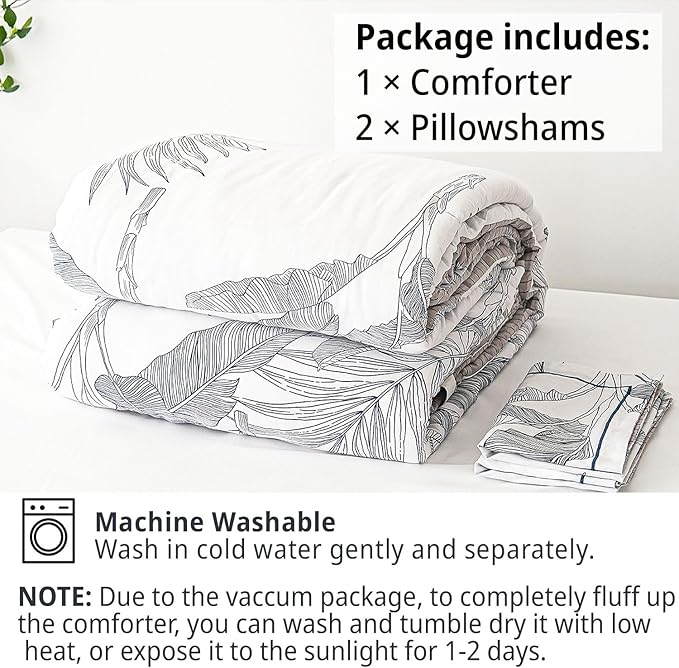 Botanical Cotton Comforter King Size - White Comforter with Delicate Black Leaves Patterns,Grey Reversible Lightweight Bedding Sets 3Pcs(Stripes)