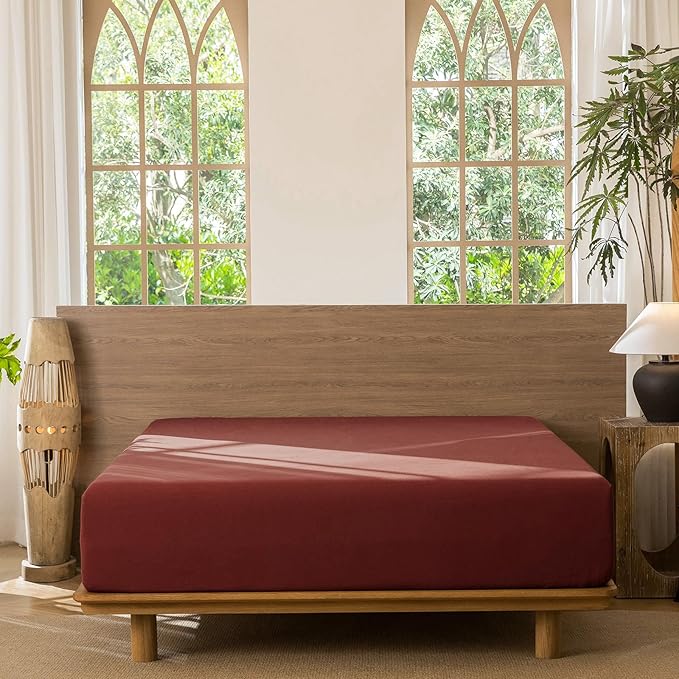 MooMee Fitted Bottom Sheet Only 100% Washed Cotton Linen Like Textured Breathable Durable Soft Comfy Deep Pocket Fits Mattress up to 17" (Solid Fired Brick Red, King)