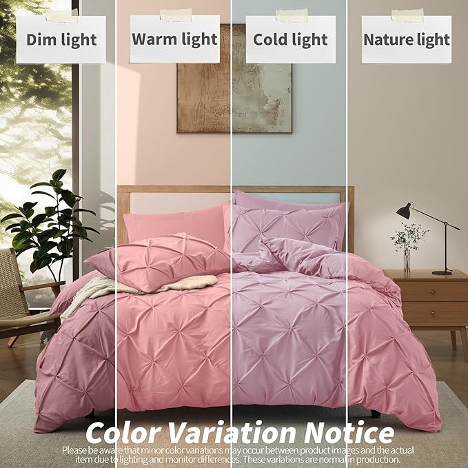 VACVELT 5 Piece Pinch Pleated Duvet Cover King Size Set, Pink Pintuck Duvet Cover with Zipper & 8 Ties, Shabby Chic Microfiber Duvet Cover + 2 Pillow Shams + 2 Pillowcases, No Comforter