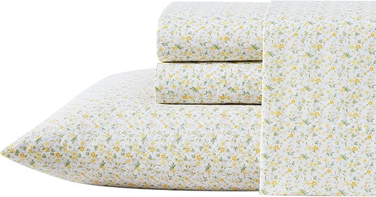 Laura Ashley - Queen Sheets, Cotton Percale Bedding Set, Lightweight & Breathable Home Decor (Evie Yellow, Queen)